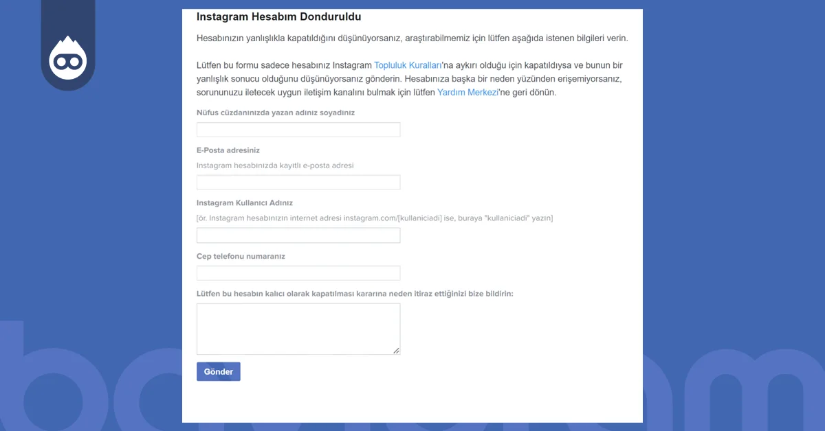Kapanan Instagram Hesabı Açma Formu